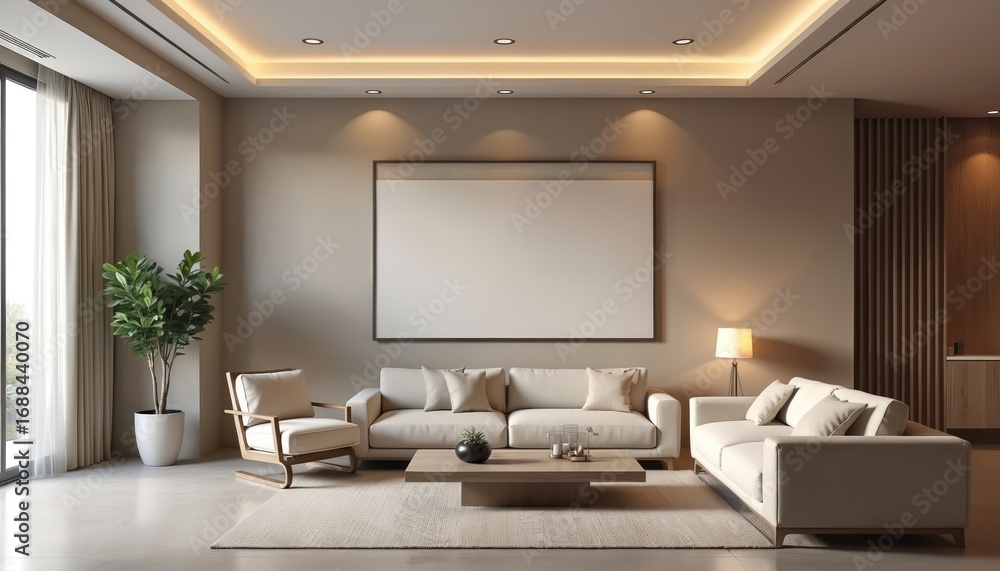 Fototapeta premium Serene minimalist living room with beige and gray tones, sleek furniture, and soft recessed lighting. Features a modern design, elegant interior, comfortable seating, and natural wood accents.