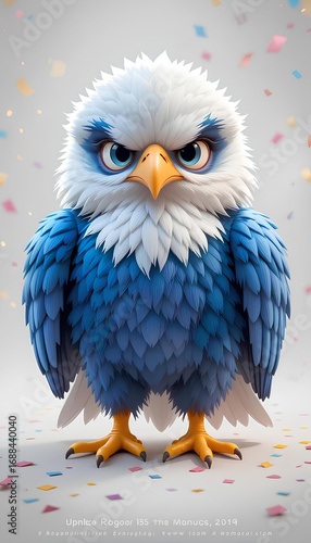 Cartoon Eagle Character with Angry Expression and Vibrant Blue and White Feathers