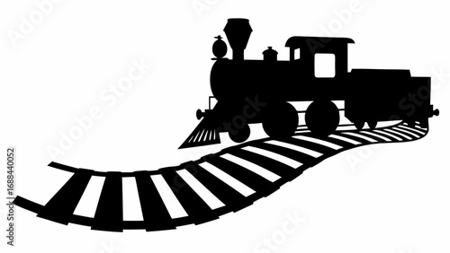 Silhouette of a steam train engine with a coal car traveling on a winding railroad track design element