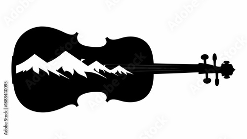 Silhouette of a violin with a mountain range inside the body creating a musical landscape scene art