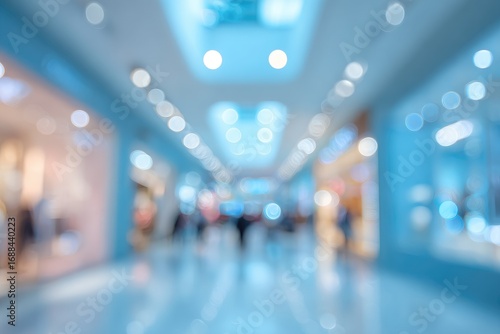 Abstract indoor corridor scene with blurry lights and figures, bathed in soft blue tones, suggesting a shopping mall or commercial space