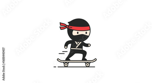 Cute cartoon ninja character in a black suit and red headband riding a skateboard.