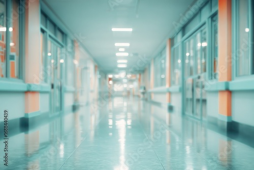 A blurred, long, light-filled hallway stretches into the distance, with doors and orange vertical dividers. The floor reflects the overhead lighting