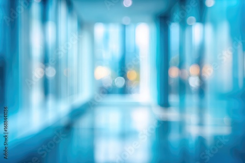 Abstract teal toned background of a blurred hallway with glossy flooring and a distant illuminated light, creating a soft, dreamy, ethereal effect