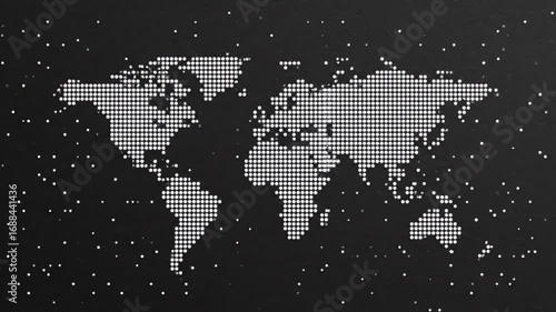 An intricate, pixel-art style world map, featuring continents in light gray dots on a deep black canvas, representing digital information and global networks.