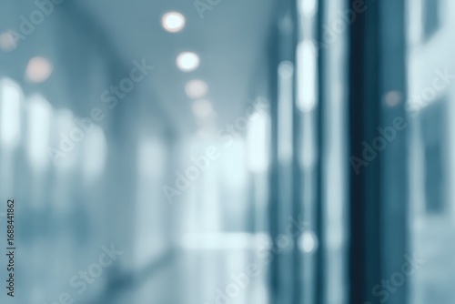 Soft, blurred image of a bright, empty hallway with windows. Blue-tinted abstract composition. Bokeh-like lights and vertical structures visible