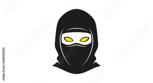 Stylized black ninja head mascot with a hood and glowing yellow eyes.