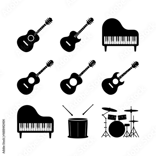 Collection of acoustic guitars grand pianos and drum kit silhouettes for music instrument themes and design elements vector