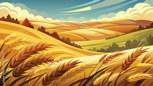 Golden sunlight sets over a vast, rural wheat field, casting a warm glow on the summer landscape