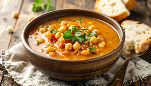 A bowl of vibrant lentil and chickpea soup, garnished with fresh herbs and served with crusty bread