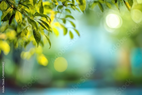 Leaves with sunlight bokeh. Foreground focus on the leaves with a blurred background in shades of green and teal creating a soft, dreamy atmosphere