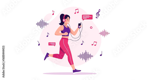 Active Woman Jogging While Listening To Music, Modern Vector Illustration Design