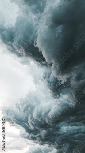 Low-angle, vertical view of dramatic, swirling, dark gray clouds against a light sky. Textural and atmospheric
