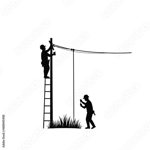 Two linemen silhouettes working on power lines lineman
