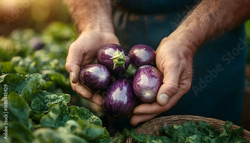 Farmer's Hands Holding Freshly Picked Purple Eggplants in a Lush