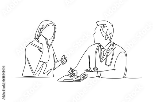 woman complaining about pain in her neck when talking with doctor. Doctor and patient concept. Single line draw design. Vector graphic illustration