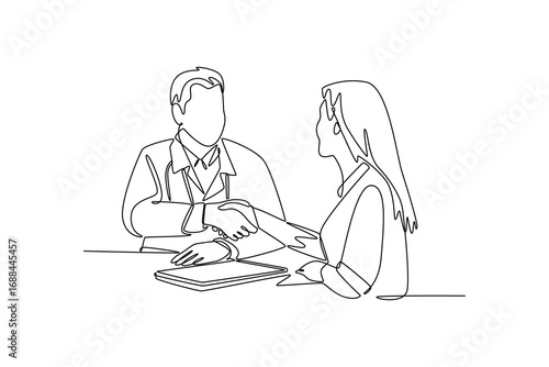 traumatologist looking at plaster bandage on arm of senior patient. Doctor and patient concept. Single line draw design. Vector graphic illustration