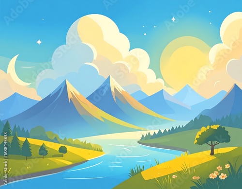 A serene mountain landscape at dawn