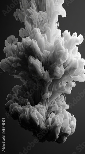 Ethereal plume of grayish-white matter suspended against a dark backdrop, resembling smoke or clouds captured in liquid form, creating a mesmerizing visual