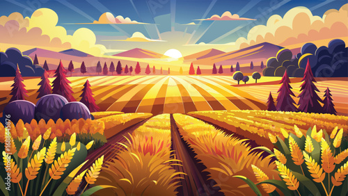 Orange sun sets over a vast autumn field, painting the sky with a warm, serene glow