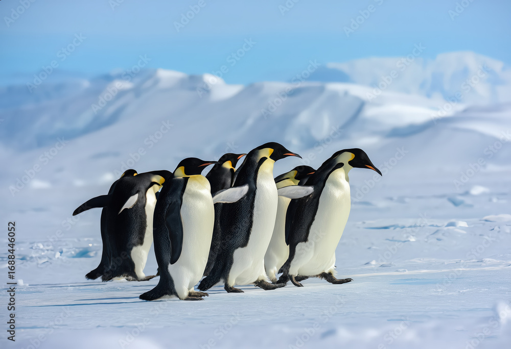 Fototapeta premium A group of majestic Emperor penguins gracefully walking across the vast, icy terrain of Antarcticas landscape
