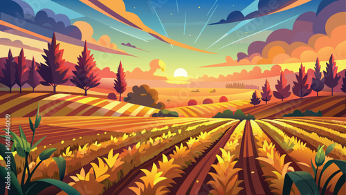 Warm and dramatic sunsets over misty forests, mountains, and open fields, creating a serene landscape