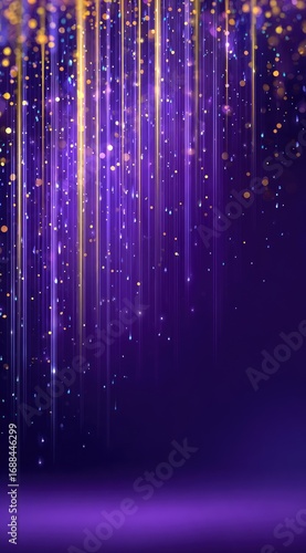 Abstract violet background with sparkling gold & blue vertical lines, creating an elegant and luxurious feel, fading into a darker solid gradient at the bottom