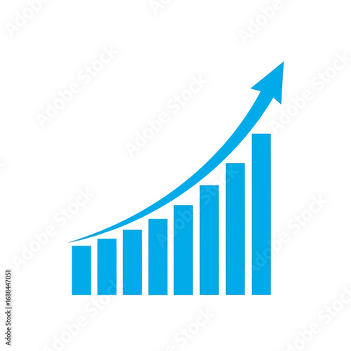 Blue bar graph with upward trending arrow, representing growth and success in business and finance