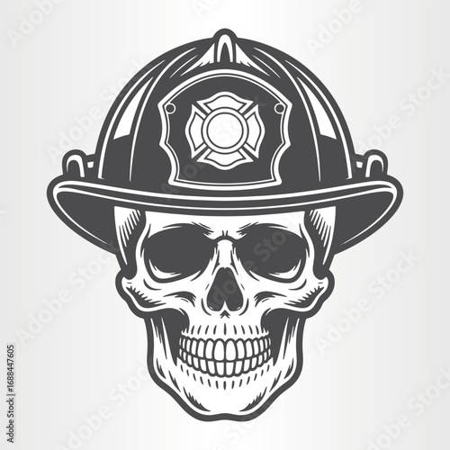 Skull wearing a firefighter helmet isolated on white background