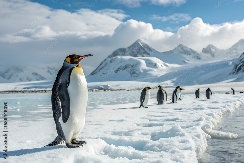 Fototapeta premium Majestic king penguin stands guard over icy antarctic landscape