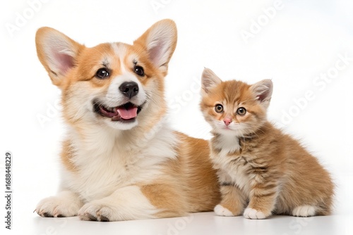 Adorable corgi dog and ginger kitten posing together on white background