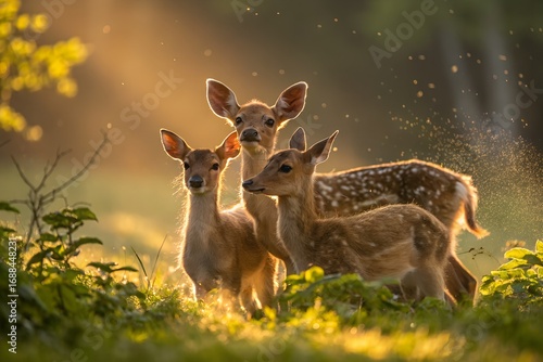 Three young deer stand together in a sunlit forest clearing