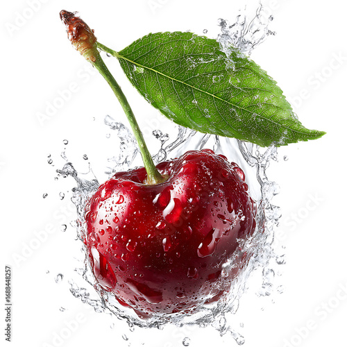 ripe red cherry with green leaf water splash png