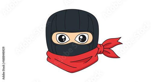Cartoon ninja head with big anime eyes, wearing a black balaclava and a red scarf.