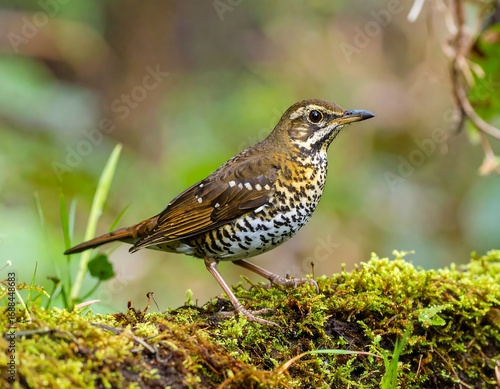 A small bird perched on moss-covered log