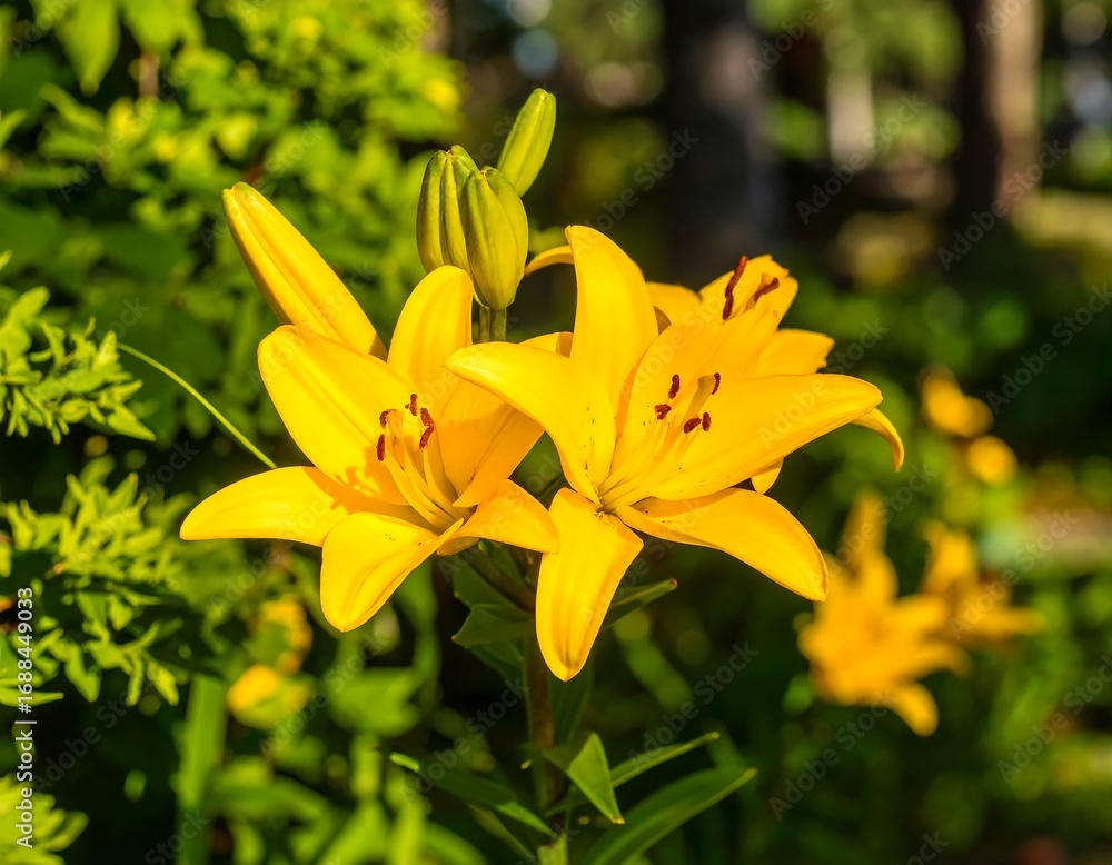 Fototapeta premium Bright yellow lilies in garden (2)