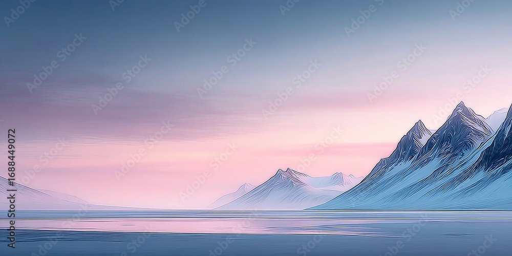 Fototapeta premium Pastel-colored mountains reflecting in calm waters under a soft gradient sky