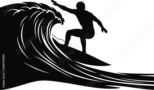 Silhouette surfer riding majestic ocean wave dynamic water sports action extreme outdoor adventure vector