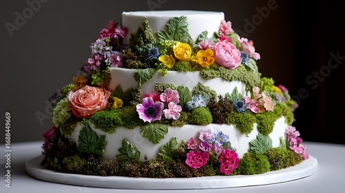 A beautiful garden-themed wedding cake, decorated with fresh greenery and vibrant floral accents, creating a rustic yet elegant look