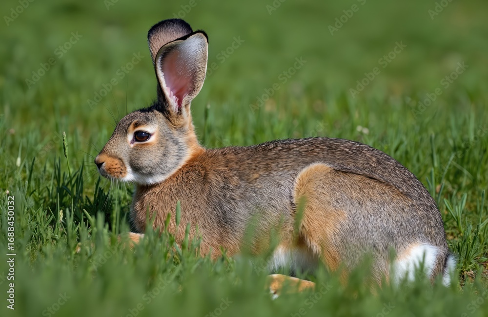 Fototapeta premium European hare, Lepus europaeus, rests in rich green grass. This mammal, a herbivore, shows fine fur detail and large ears, alert to its surroundings. Sunny day creates soft lighting on the animal.