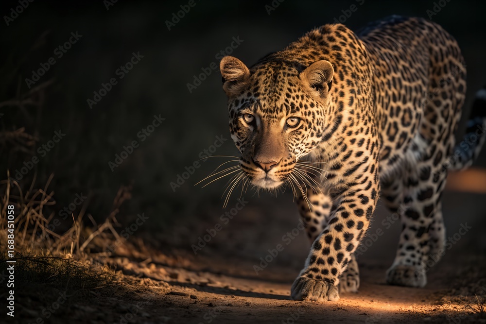 Fototapeta premium Leopard emerges from darkness with striking spotted coat