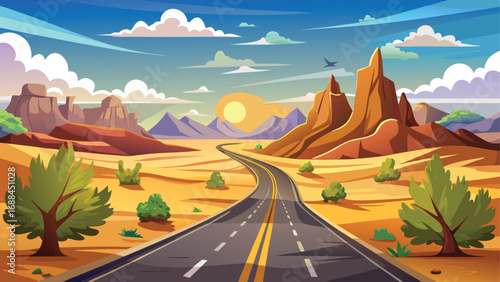 A scenic journey on a long desert highway through the breathtaking mountain landscape of the American Southwest