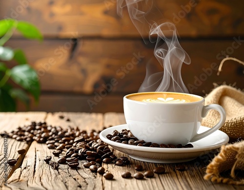 A steaming cup of coffee on a wooden table