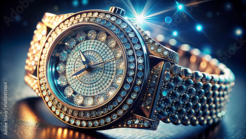 Luxury glowing diamond encrusted watch premium jewelry wristwatch close up with elegant sparkling luxury fashion detail