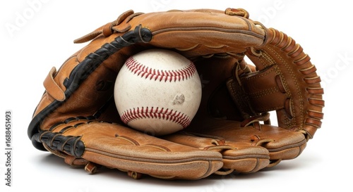 Close up of a baseball resting inside a leather baseball glove isolated on a white background