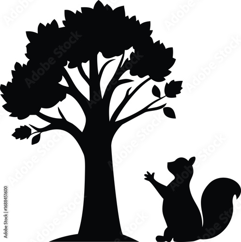 Black silhouette of a squirrel reaching up towards a leafy tree isolated on transparent background