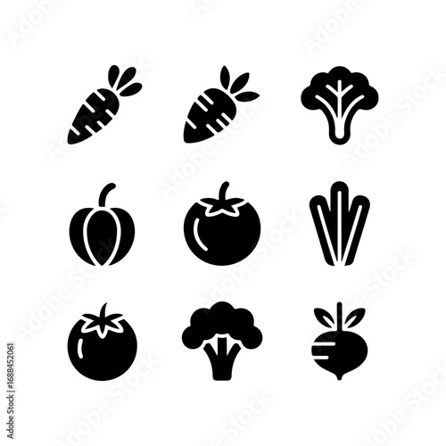 Collection of nine solid black vegetable icons representing healthy food choices for dietary and culinary themes with fresh produce variety. vector