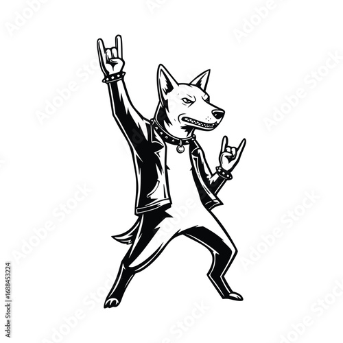 hand drawn dog with rockstar hand gesture, rock hand pose, black and white vector illustration