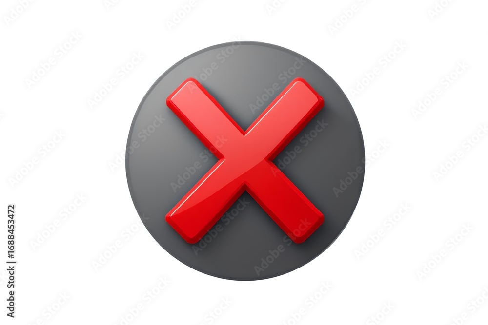 Obraz premium A striking red cross symbol on a dark grey circular background, representing a negative mark or incorrect choice, rendered in 3D