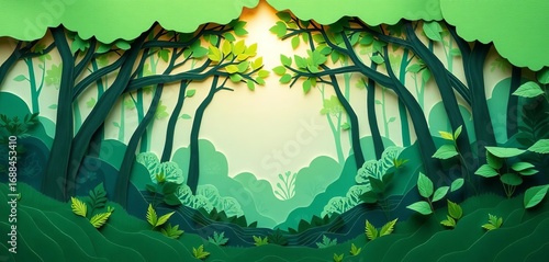 Layered paper cut forest scene, vibrant greens & blues, sunlit canopy, origami style, light, papercraft
